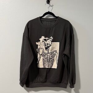 Dark Green/Gray Skeleton Drinking Coffee Graphic Sweatshirt
